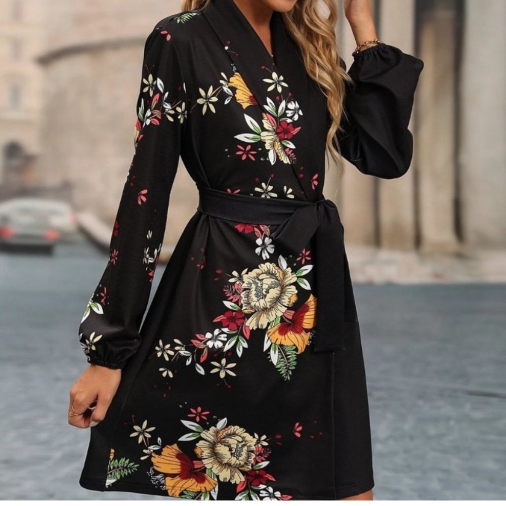 Black Preppy Womens Floral Print Shawl Collar Lantern Sleeve Belted Dress